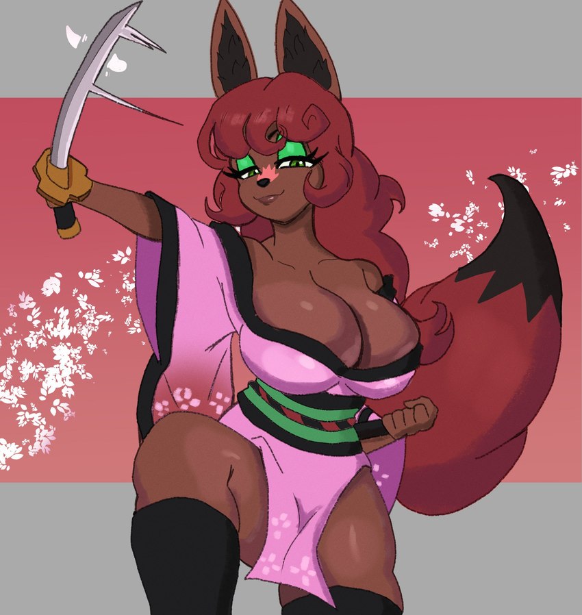 5_fingers big_breasts breasts brown_body clothed_female clothing dipstick_tail eyelashes female fingers front_view green_eyelids green_eyes hair holding_melee_weapon holding_object holding_sword holding_weapon legwear markings melee_weapon ninja pink_clothing red_hair solo sword tail tail_markings thigh_highs warrior weapon palesnake asian_mythology east_asian_mythology japanese_mythology mythology fan_character jakeh_the_foxgirl canid canine fox mammal yokai 2024 digital_drawing_(artwork) digital_media_(artwork) hi_res portrait three-quarter_portrait