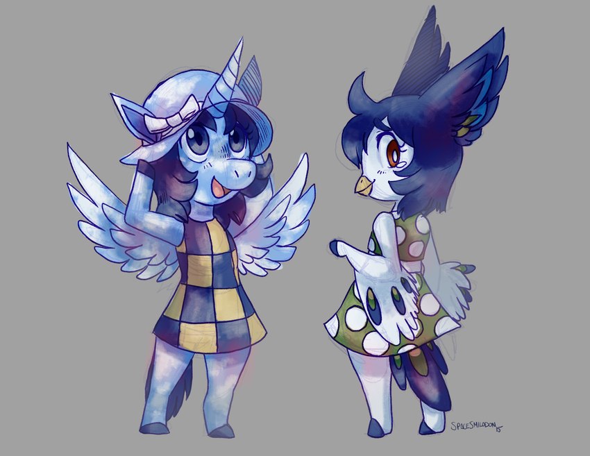 anthro beak blue_body blue_eyes blue_fur blue_hair clothing dress duo feathers female fur hair hat headgear headwear hooves horn inner_ear_fluff open_mouth red_eyes ribbons shirt tongue topwear tuft white_body white_fur wings spacesmilodon animal_crossing mythology nintendo perico winter_(alicorn) avian bird equid equine mammal mythological_creature mythological_equine winged_unicorn 2015 absurd_res hi_res