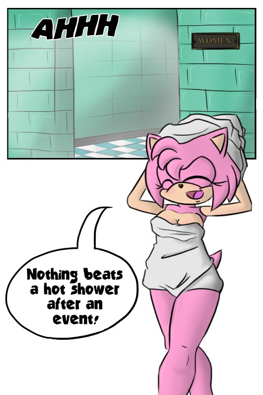 anthro big_eyes drying drying_hair female hair public_shower simple_background text toony towel towel_on_head towel_only towel_wrap white_background sandunky sega sonic_the_hedgehog_(series) amy_rose eulipotyphlan hedgehog mammal 2:3 absurd_res comic english_text hi_res