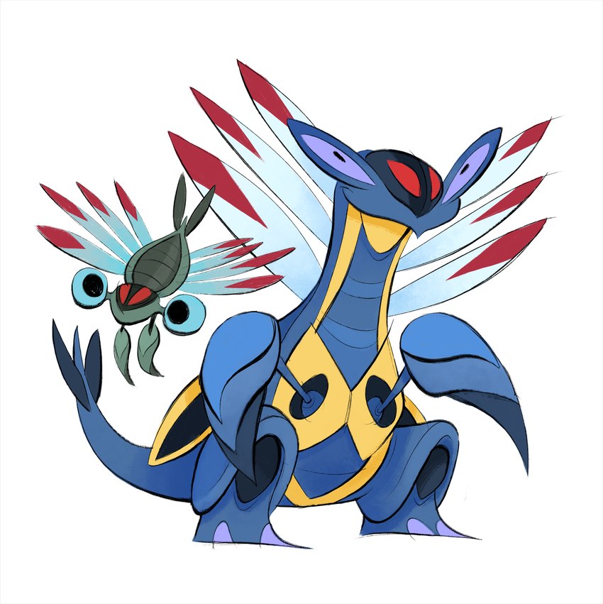 ambiguous_gender biped blue_body duo evolutionary_family feral green_body simple_background standing white_background yellow_body mattgreenholt nintendo pokemon anorith armaldo fossil_pokemon generation_3_pokemon pokemon_(species) hi_res