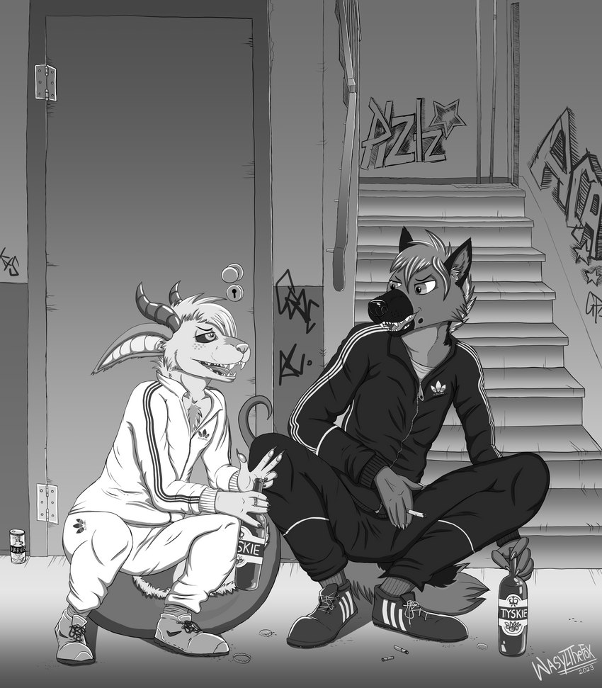 adidas_logo alcohol anthro beer beverage clothing crouching duo gopnik graffiti hardbass male slav_squat stairs tail tracksuit wasylthefox adidas mythology canid canine canis domestic_dog dragon hybrid mammal mythological_creature mythological_scalie scalie wolf absurd_res digital_drawing_(artwork) digital_media_(artwork) greyscale hi_res monochrome