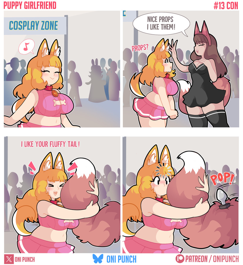 :> >_< absolute_territory big_breasts black_clothing black_dress black_legwear bottomwear breasts buttplug clothing dialogue dress duo eyelashes eyes_closed female headpat legwear loading midriff miniskirt pink_body pink_skin plug_(sex_toy) sex_toy skirt standing text thick_thighs onigiri_punch animal_humanoid canid canid_humanoid canine canine_humanoid dog_humanoid human humanoid mammal mammal_humanoid absurd_res comic english_text hi_res