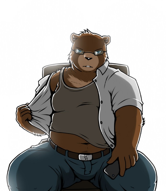 belt biped black_nose blue_eyes bottomwear cellphone clothed clothing denim denim_bottomwear denim_clothing electronics eyewear glasses jeans looking_at_viewer male midriff navel pants phone simple_background sitting slightly_chubby solo undressing white_background shinoda_hamazaki bear mammal