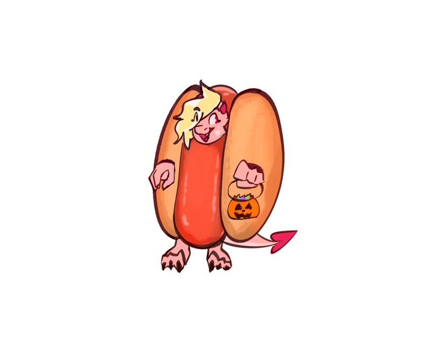 anthro barefoot biped blonde_hair claws clothed clothing costume eye_through_hair feet female food food_costume hair holidays horn hot_dog_costume hotdog_costume jack-o'-lantern pink_body pink_scales pumpkin_basket scales simple_background solo spade_tail standing tail toe_claws translucent translucent_hair white_background kooriki halloween mythology aria_(kooriki) dragon mythological_creature mythological_scalie scalie digital_media_(artwork) full-length_portrait hi_res portrait shaded