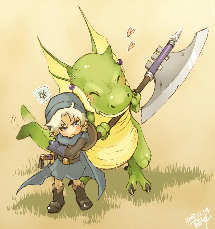 3_toes annoyed anthro axe belt black_boots black_claws black_clothing black_footwear blue_cape blue_clothing blue_ear_ring blue_eyes blue_gloves blue_handwear blue_hat blue_headwear blush boots cape cheek_to_cheek claws clothing duo feet female footwear gloves grass green_body hair handwear hat head_wings headgear headwear heart_symbol hearts_around_head larger_anthro larger_female male male/female melee_weapon membrane_(anatomy) membranous_wings plant pointy_ears shoes size_difference smaller_male snout speech_bubble sword tail tail_motion tailwag toes unusual_wing_placement weapon white_hair wings evico666 dragon_quest dragon_quest_vi mythology square_enix lizzie_(dragon_quest) terry_(dragon_quest) battlerex dragon hacksaurus human mammal mythological_creature mythological_scalie scalie