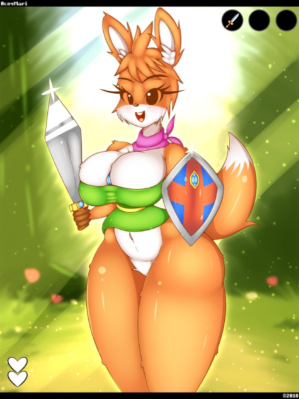 anthro big_breasts black_bars blush breasts clothed clothing countershading female glint holding_object holding_shield holding_weapon hud ill_fitting_clothing item_slot light light_beam looking_at_viewer melee_weapon scarf shield shield_glint small_clothing solo sunbeam sunlight sword thick_thighs weapon weapon_glint aceymari tunic_(video_game) ruin_seeker canid canine fox mammal 2018 digital_media_(artwork) hi_res letterbox