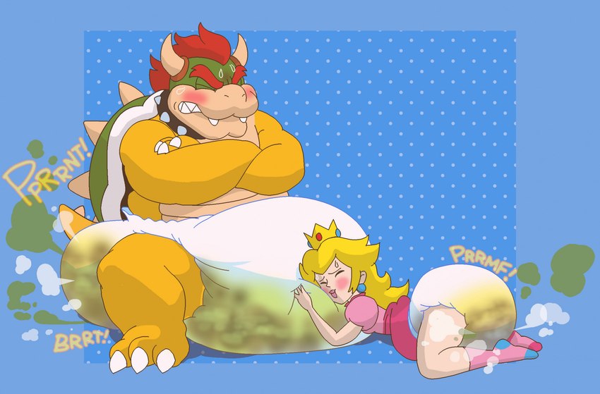 anthro big_diaper blush bodily_fluids bodily_noises clothed clothing collar crossed_arms diaper diaper_puff duo excessive_feces eyes_closed fart feces female footwear genital_fluids male onomatopoeia pooping scatplay shell simple_background sitting socks soiled_diaper soiling soiling_diaper sound_effects spiked_collar spiked_shell spikes spikes_(anatomy) text unclean_diaper urine used_diaper wearing_diaper wet_diaper wetting wetting_diaper poofypludo mario_bros nintendo bowser princess_peach human koopa mammal scalie digital_media_(artwork) hi_res