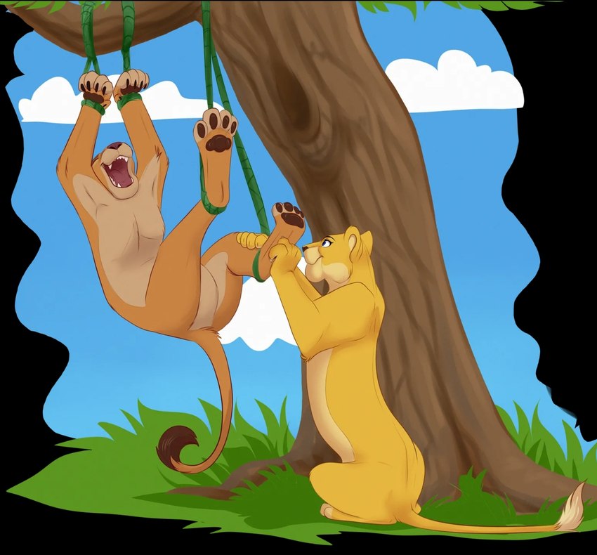 bdsm bondage bound duo feet female female/female feral hanging_from_branch hindpaw laugh paws suspension suspension_bondage tickle_torture tickling tickling_feet vine_bondage malaika4 disney the_lion_king kiara_(the_lion_king) safrin hi_res