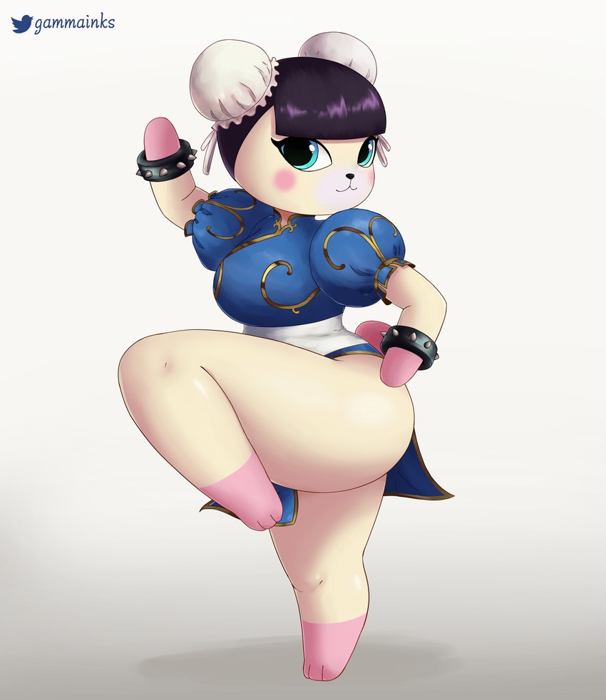 anthro asian_clothing blush bracelet chinese_clothing chinese_dress clothing cosplay crossover_cosplay dress east_asian_clothing female jewelry raised_leg solo spiked_bracelet spikes thick_thighs gammainks animal_crossing capcom nintendo street_fighter chun-li pekoe_(animal_crossing) bear giant_panda mammal absurd_res crossover hi_res