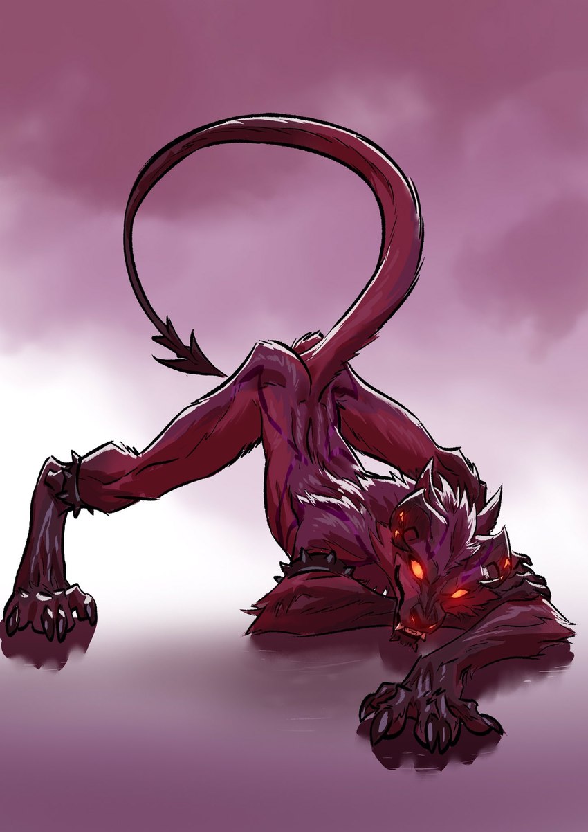 ankle_band anthro armband ass_up butt fur glowing glowing_eyes jack-o'_pose legband looking_at_viewer male no_pupils nude nude_anthro nude_male pose simple_background smile solo spade_tail spiked_armband spiked_legband spikes tail teeth maxspite mythology max_(maxspite) canid canid_demon canine demon hellhound humanoid mammal mythological_canine mythological_creature 2021 digital_media_(artwork) full-length_portrait hi_res portrait