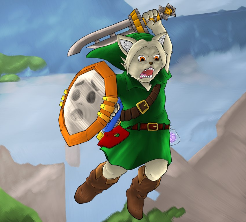 anthro clothing cosplay green_clothing male melee_weapon shield shirt short solo sword topwear tunic weapon kyxlect majora's_mask nintendo super_smash_bros. the_legend_of_zelda rudy young_link felid feline mammal