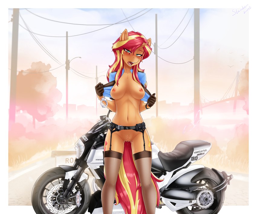 anthro blush bodily_fluids bottomless breasts clothed clothing cuff_(restraint) cutie_mark dripping exhibitionism female flashing flashing_breasts garter_belt garter_straps genital_fluids genitals gloves handcuffs handwear horn legwear lidded_eyes looking_at_viewer metal_cuffs motorcycle navel nipples nude open_clothing open_mouth open_shirt open_topwear outside police police_uniform presenting presenting_breasts pubes pussy pussy_juice_drip restraints shirt solo stockings thigh_gap thigh_highs topwear undressing uniform vaginal_fluids vehicle slackerburst equestria_girls hasbro my_little_pony mythology sunset_shimmer_(eg) equid equine mammal mythological_creature mythological_equine unicorn absurd_res hi_res