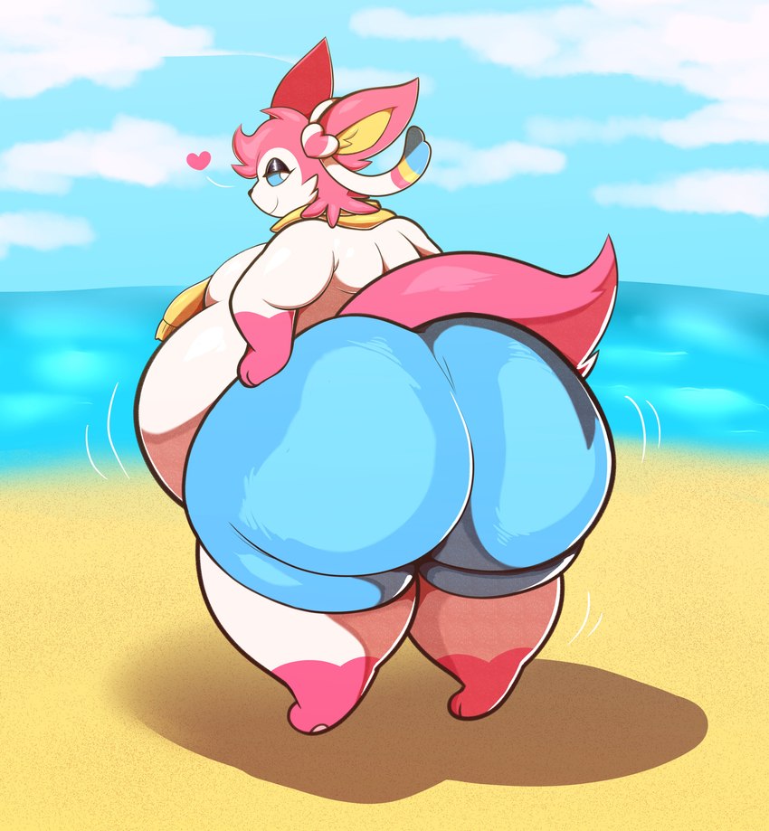 anthro beach bedroom_eyes belly big_belly big_butt biped blue_bottomwear blue_clothing blue_sclera blue_shorts bottomwear bow_(anatomy) butt clothed clothing femboy fluffy fluffy_tail gloves_(marking) hair hand_on_hip heart_symbol huge_butt huge_hips huge_thighs hyper hyper_butt jiggling leg_markings looking_at_viewer looking_back looking_back_at_viewer male markings moobs multicolored_body narrowed_eyes obese obese_anthro obese_male outside overweight overweight_anthro overweight_male pink_body pink_hair rear_view ribbons_(anatomy) sand scarf sea seaside seductive shorts sky smile socks_(marking) solo standing tail thick_thighs tight_clothing topless two_tone_body water white_body white_eyes wide_hips atsuineko nintendo pokemon fan_character velvet_(atsuineko) eeveelution generation_6_pokemon pokemon_(species) sylveon absurd_res hi_res