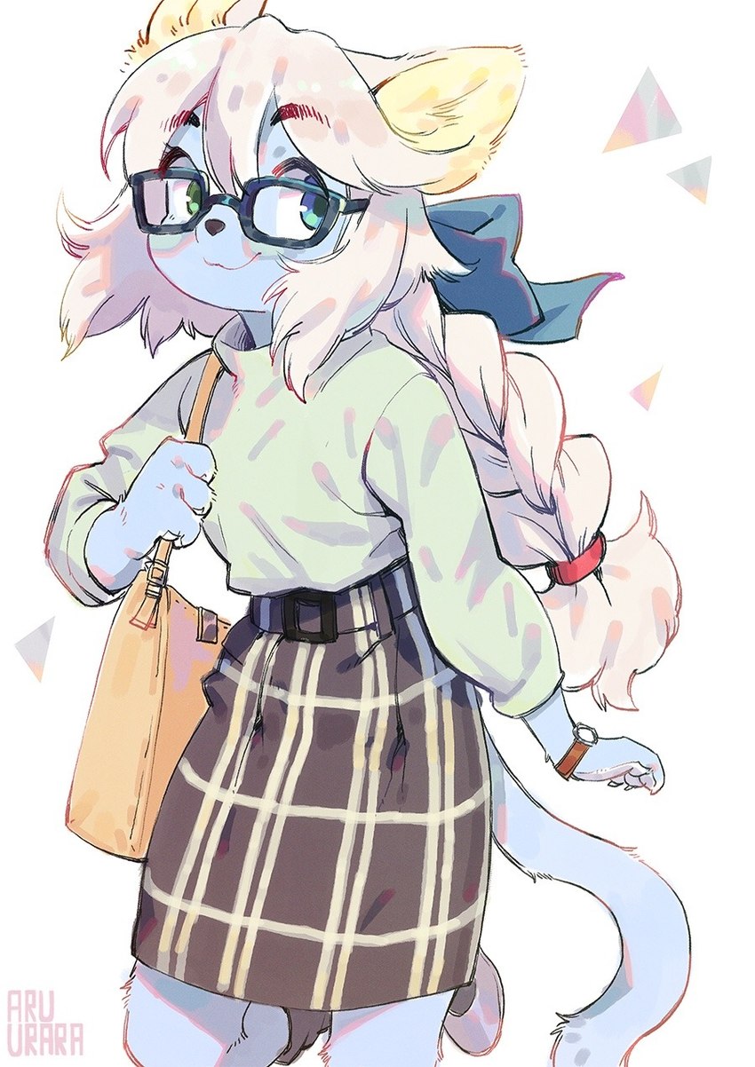 accessory anthro blue_body blue_bow blue_eyes blue_fur bottomwear bow_(feature) bow_accessory bow_ribbon braided_hair clock clothed clothing eyewear female fur glasses hair hair_accessory hair_bow hair_ribbon kemono purse ribbons simple_background skirt smile solo watch white_background white_hair wristwatch aruurara hashimoto-chan domestic_cat felid feline felis mammal hi_res