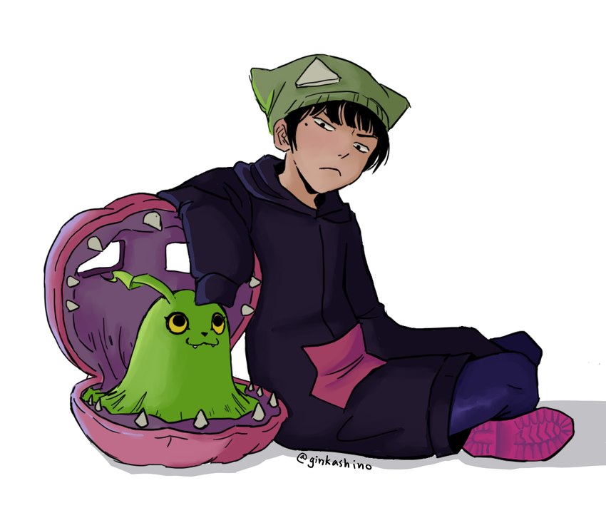 :3 antennae_(anatomy) black_hair clothing cute_fangs duo fangs female feral green_body hair hat headgear headwear hoodie shell teeth topwear ginkashino bandai_namco digimon digimon_survive miu_shinonome syakomon_(survive) bivalve clam digimon_(species) human mammal marine mollusk syakomon digital_drawing_(artwork) digital_media_(artwork)