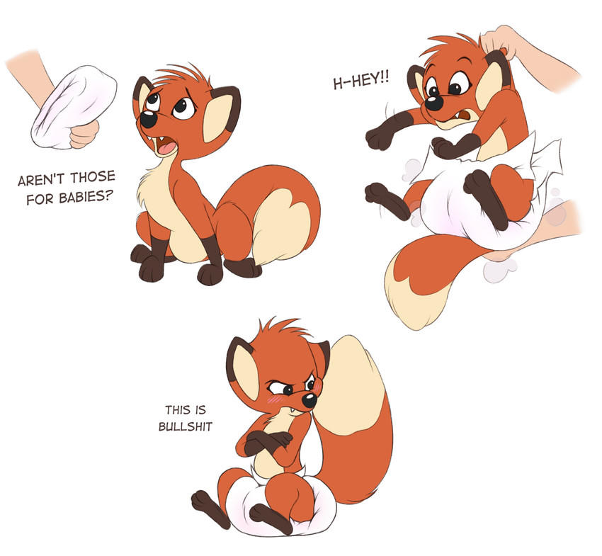 black_nose blush clothing dialogue diaper disembodied_hand embarrassed fangs female feral fur orange_body orange_fur profanity sitting teeth text messyszop jungledyret_hugo rita_(jungledyret) canid canine fox mammal 2021 absurd_res english_text hi_res