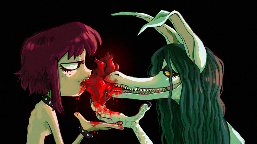 blood bodily_fluids duo female feral gore green_hair hair hard_vore heart_(organ) loli nude organs red_hair vore young young_pred minorcoded politepuppet human mammal monster