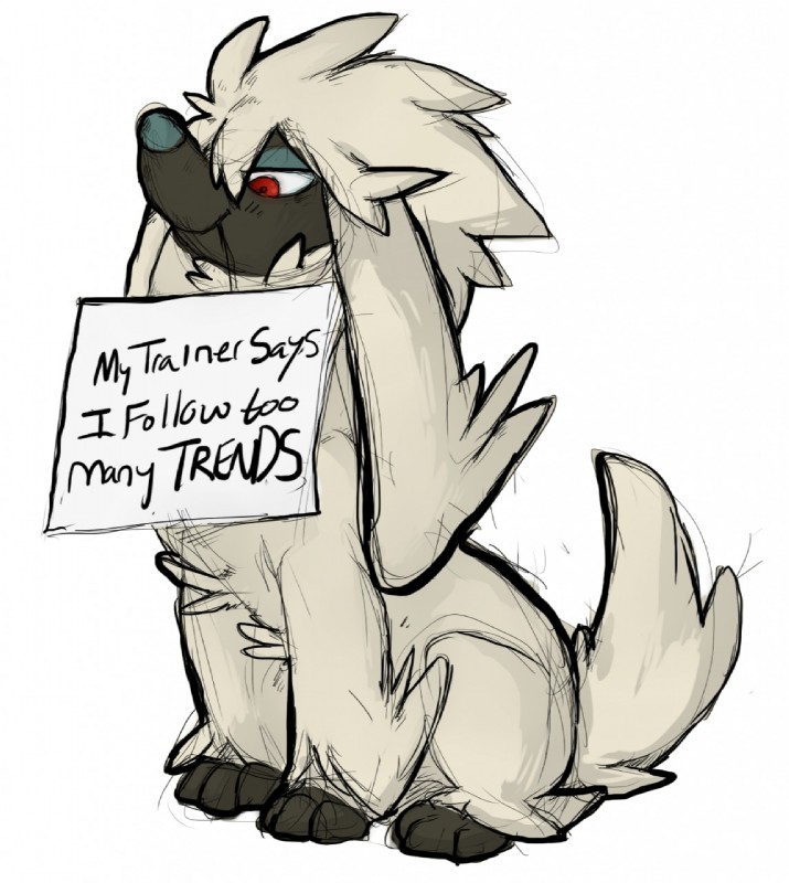 ambiguous_gender black_body black_fur blue_nose feral fur half-closed_eyes hanging_sign humor mouth_hold narrowed_eyes object_in_mouth paws placard red_eyes sign sign_in_mouth simple_background sitting solo text white_background white_body white_fur yogoat dogshaming nintendo pokemon canid canine furfrou generation_6_pokemon mammal natural_furfrou pokemon_(species) 2014 english_text hi_res meme