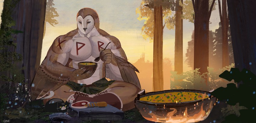 4_fingers abs anthro armor barazoku beak black_beak black_eyes bracelet camp campfire clothed clothing feather_hands feather_tuft feathered_wings feathers feet fingers food forest forest_background jewelry kitchen_utensils leg_armor male muscular muscular_anthro muscular_male nature nature_background pecs plant runes solo soup tail tail_feathers talons tattoo text toes tools topless topless_anthro topless_male tree tuft winged_arms wings onensfw sheru_owl avian barn_owl bird humanoid owl tyto tytonid absurd_res english_text hi_res huge_filesize