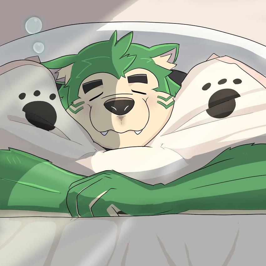 anthro bed bedding blanket blush eyebrows eyes_closed fur furniture green_body green_fur lying male on_front pillow sleeping smile solo thick_eyebrows toto3_official lifewonders live_a_hero mokdai canid canine canis domestic_dog mammal hi_res