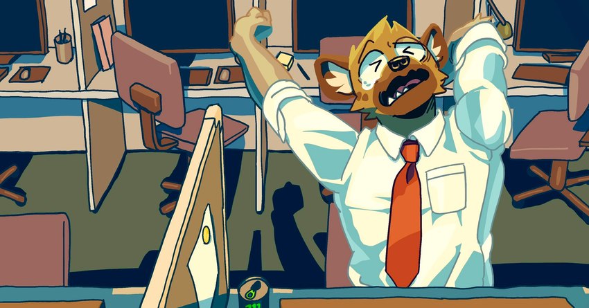 anthro black_nose brown_body brown_fur chair cheek_tuft clothed clothing facial_tuft fangs fur furniture inside male necktie open_mouth screen shadow sitting solo teeth tuft vetiver_n aggretsuko sanrio haida_(aggretsuko) hyena mammal spotted_hyena 2021 hi_res