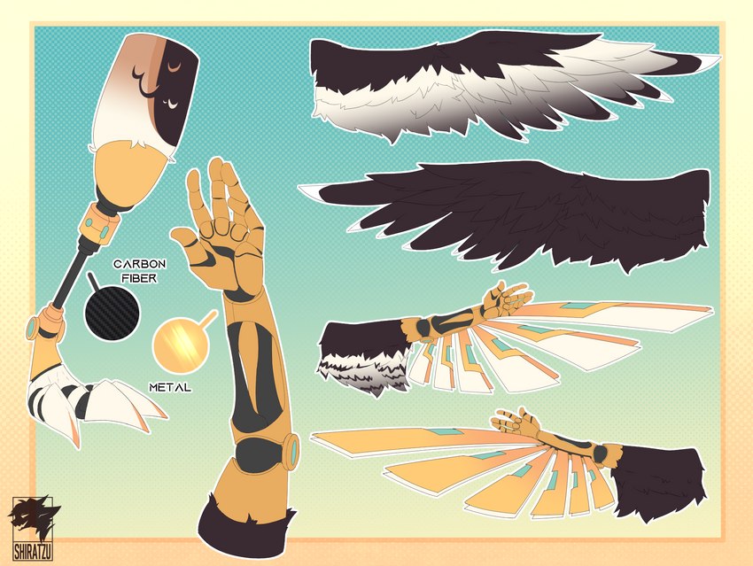 anthro brown_body claws cybernetic_arm cybernetic_limb cybernetics feathered_wings feathers machine metallic_wings mismatched_wings prosthetic prosthetic_arm prosthetic_leg prosthetic_limb prosthetic_wings solo text wings shiratzu accipitrid accipitriform aquilinae avian bird eagle ornate_hawk-eagle digital_media_(artwork) hi_res model_sheet