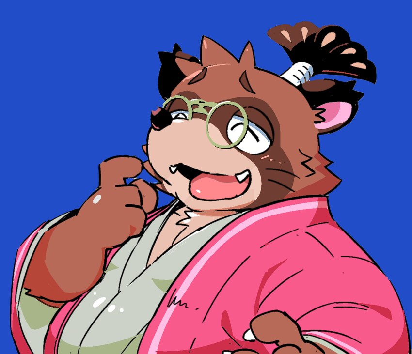 anthro asian_clothing belly big_belly blue_background brown_body clothing east_asian_clothing eyewear glasses humanoid_hands japanese_clothing kemono male overweight overweight_male simple_background solo gokrakstyle sengoku_puzzle matsudaira_hirotada canid canine mammal raccoon_dog tanuki 2023