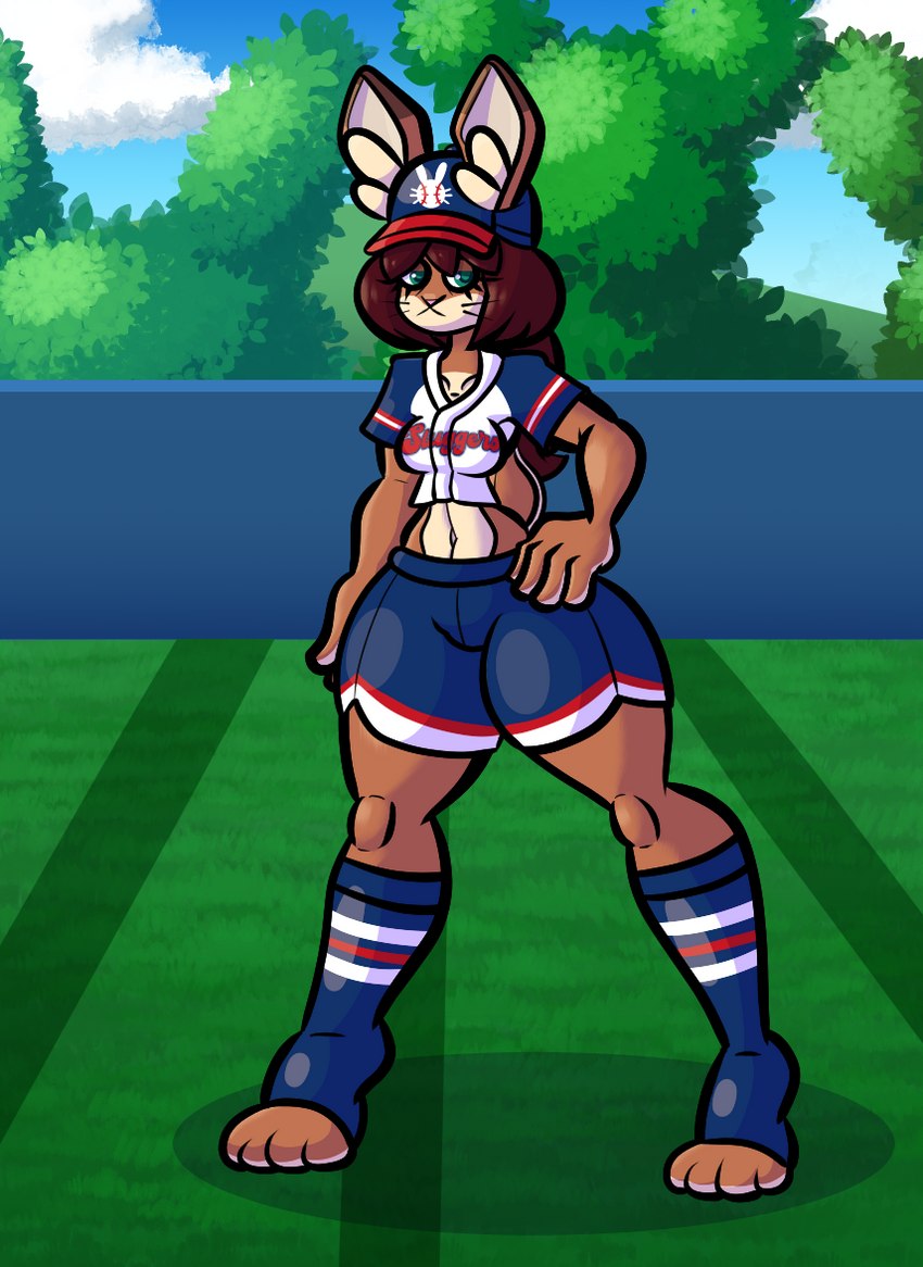 anthro baseball_cap baseball_field baseball_uniform bottomwear brown_hair clothing countershading female footwear fur green_eyes hair hat headgear headwear jersey outside ponytail shorts socks solo sportswear tan_body tan_countershading tan_fur uniform sprucy lagomorph leporid mammal rabbit