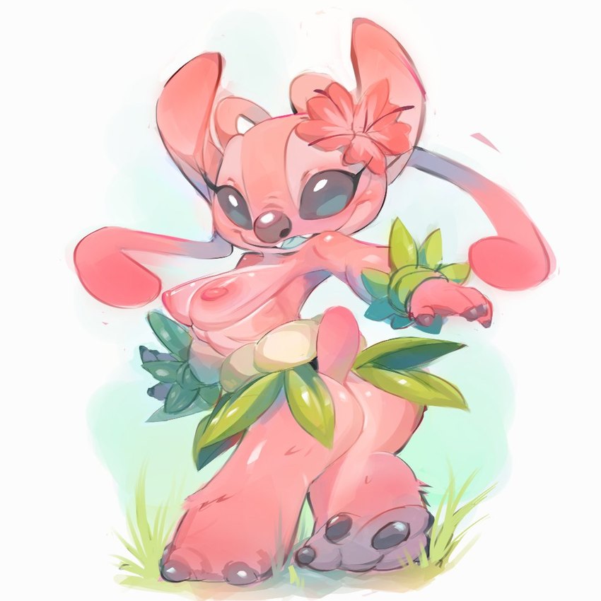 4_fingers 4_toes antennae_(anatomy) antennae_markings anthro areola big_butt biped blue_tongue blush breasts butt claws clothed clothing empty_eyes eyelashes feet female fingers flower flower_on_head fur grass grass_skirt hibiscus leaf_bracelet leaf_clothing leaf_skirt medium_breasts nipples open_mouth open_smile paws pink_body pink_fur plant raised_tail short_tail simple_background smile smiling_at_viewer solo tail toe_claws toes tongue topless topless_anthro topless_female turning_around sachsech205 disney lilo_and_stitch angel_(lilo_and_stitch) alien experiment_(lilo_and_stitch) 1:1 2025