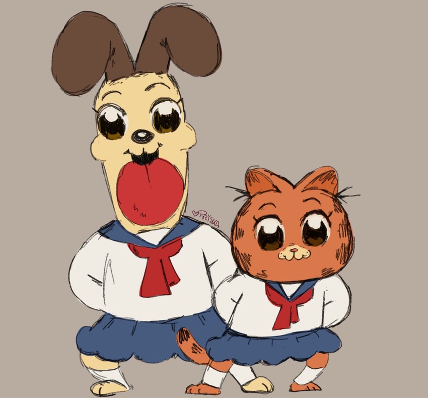 asian_clothing clothing duo east_asian_clothing fur japanese_clothing japanese_school_uniform orange_body orange_fur parody school_uniform serafuku shitpost simple_background style_emulation tongue tongue_out uniform yellow_body yellow_fur priska garfield_(series) pop_team_epic garfield_the_cat odie_the_dog pipimi popuko canid canine canis domestic_cat domestic_dog felid feline felis mammal 2021 colored_sketch crossover hi_res meme signature sketch