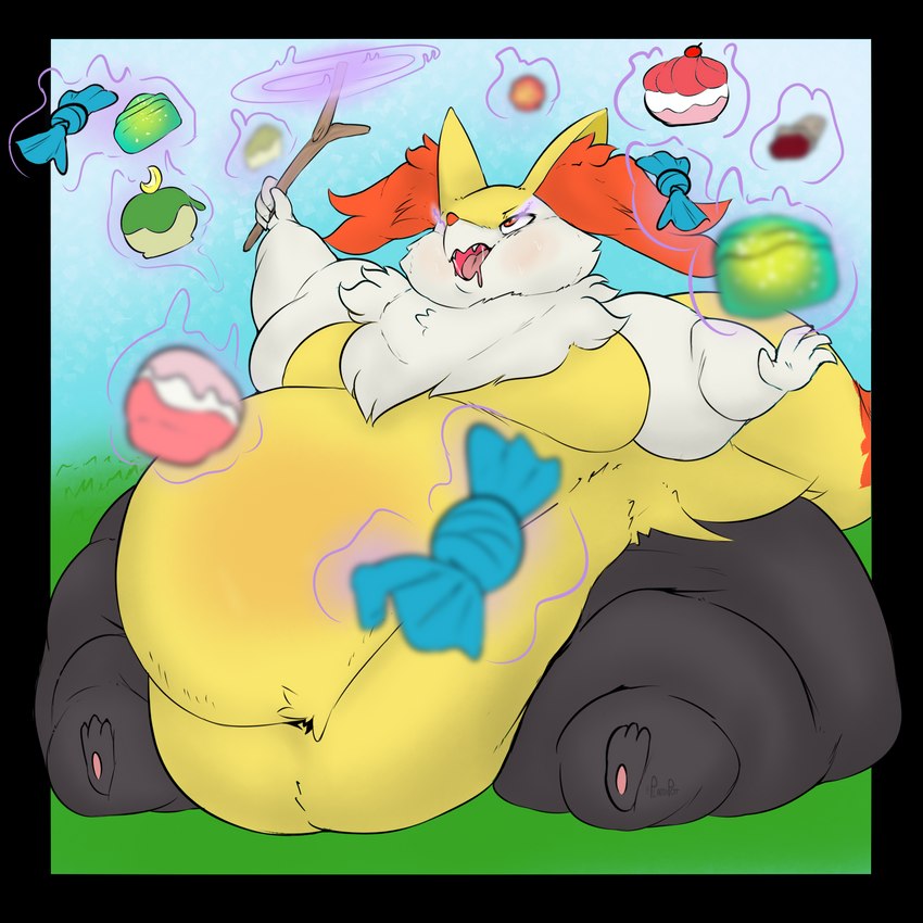 anthro black_body black_fur bodily_fluids breasts candy dessert drooling fat_arms fat_legs female food fur holding_object holding_stick inner_ear_fluff morbidly_obese morbidly_obese_anthro morbidly_obese_female navel neck_tuft obese obese_anthro obese_female open_mouth overweight overweight_anthro overweight_female poke_puff psychic_powers rare_candy saliva solo stick sweat telekinesis tuft white_body white_fur yellow_body yellow_fur plantedpot nintendo pokemon braixen canid canine generation_6_pokemon mammal pokemon_(species) 1:1 alpha_channel hi_res