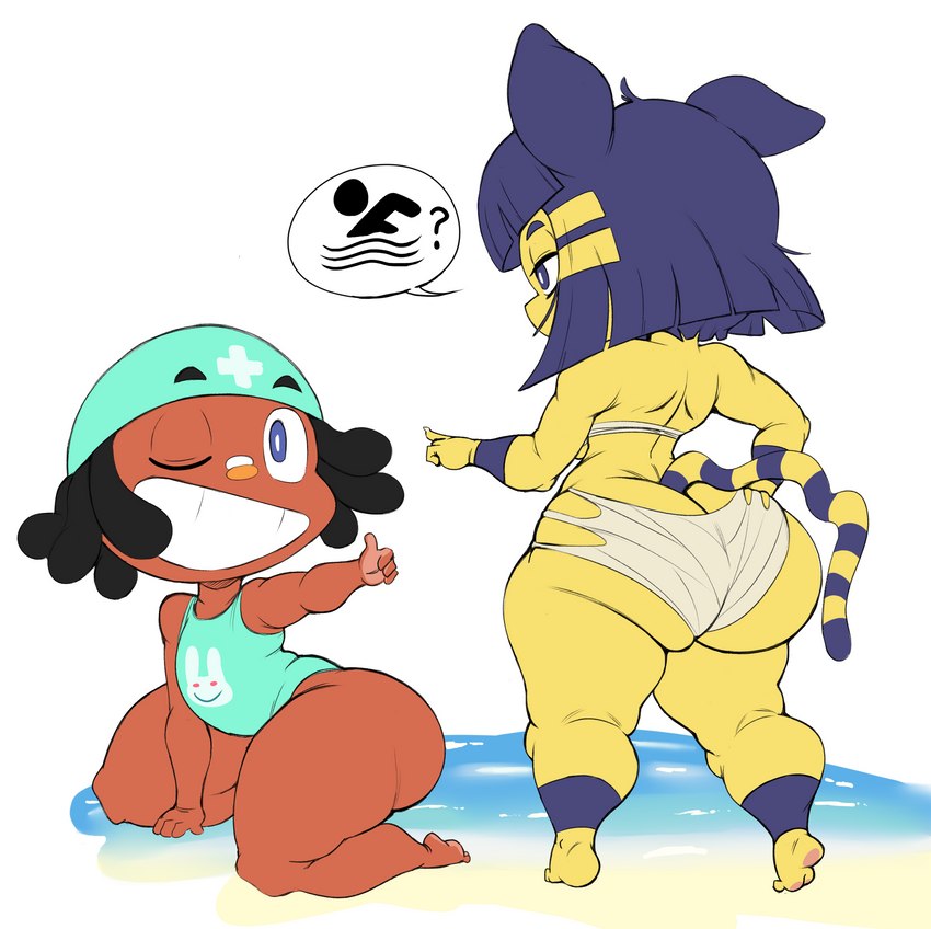 anthro big_butt blue_hair breasts butt butt_cleavage duo female hair male plantigrade thick_thighs yellow_body purple_yoshi_draws animal_crossing nintendo ankha_(animal_crossing) cushion_(purpsyoshi) domestic_cat felid feline felis human mammal hi_res