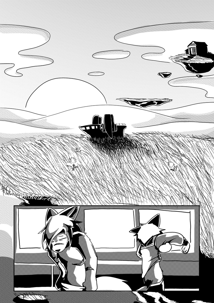 aircraft airship anthro bottomwear building clothed clothing cloud dressing duo field floating_island flower grass island male markings pants plant scar shirt sky skyscape striped_markings striped_tail stripes sun sunrise tail tail_markings tired_eyes topless topwear vehicle waking_up window dragonweirdo cyberconnect2 little_tail_bronx solatorobo elh_melizee red_savarin canid caninu felid felineko mammal absurd_res black_and_white comic hi_res monochrome trans_(lore) trans_man_(lore)