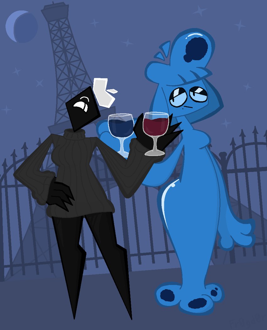 1_eye 3_fingers 4_fingers alcohol beret beverage black_eyes blue_body blue_hair breasts clothed clothing container cup drinking_glass duo featureless_feet feet female fingers glass glass_container glass_cup grey_clothing grey_sweater grey_topwear hair half-closed_eyes hand_on_hip hat headgear headwear holding_glass holding_object markings medium_breasts mole_(marking) mouthless narrowed_eyes not_furry pantsless sweater topwear white_clothing white_hat white_headwear wine wine_glass fr0gv0re prisma_(fr0gv0re) goo_creature humanoid unknown_species 2024 character_request hi_res