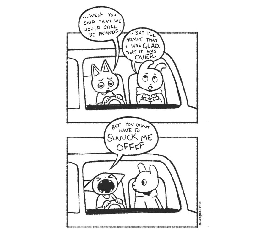 anthro car dialogue driving duo humor male open_mouth simple_background speech_bubble text vehicle white_background yelling beaglescouts gotye kimbra somebody_that_i_used_to_know canid canine canis domestic_cat domestic_dog felid feline felis mammal comic english_text hi_res monochrome