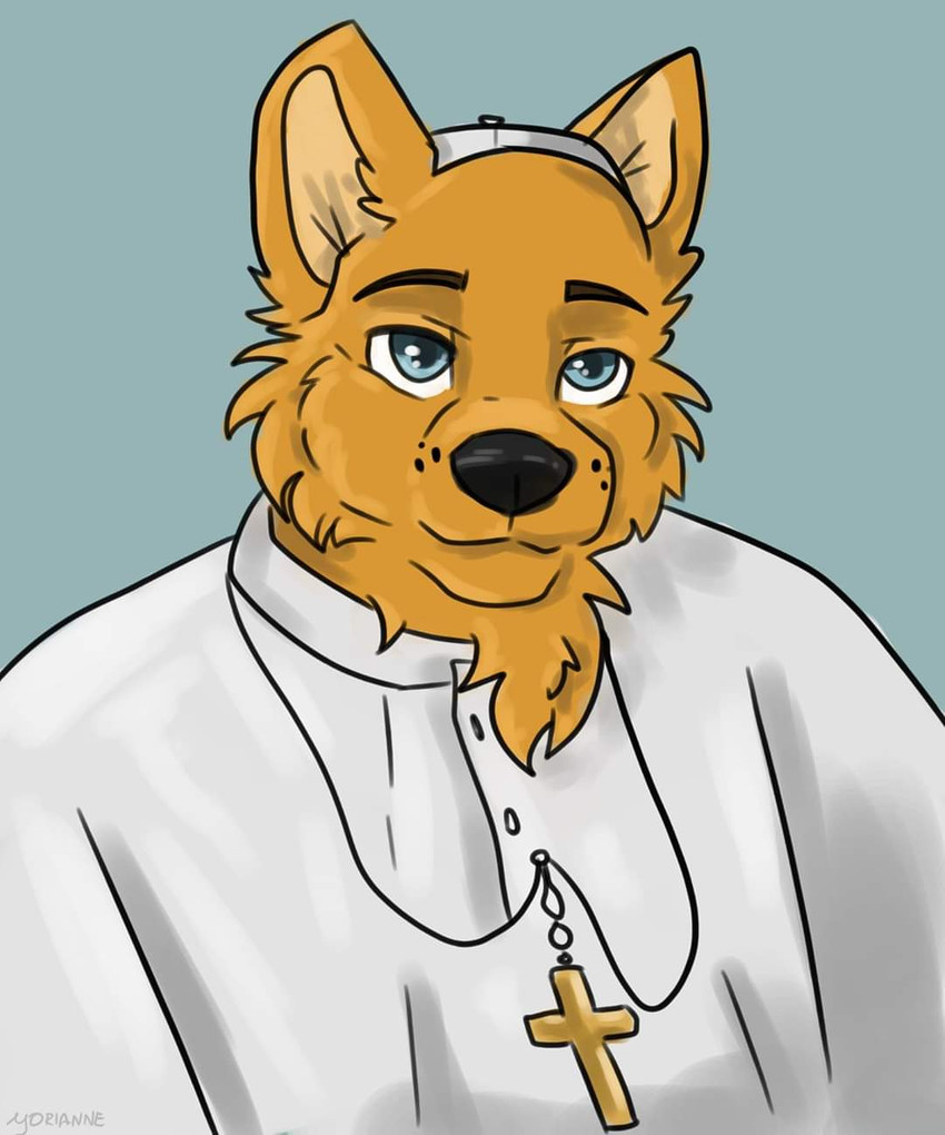 anthro clothed clothing cross cross_necklace fur jewelry male necklace pope simple_background solo unknown_artist john_paul_the_ii canid canine canis mammal 5:6 hi_res