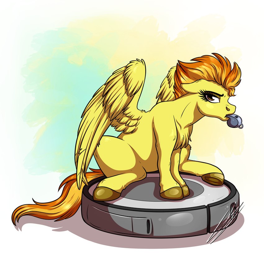 brown_eyes cleaning_tool female hair hooves looking_at_viewer orange_hair sitting solo vacuum_cleaner whistle_(object) wings lupiarts friendship_is_magic hasbro my_little_pony mythology roomba spitfire_(mlp) wonderbolts_(mlp) equid equine mammal mythological_creature mythological_equine pegasus 1:1 absurd_res hi_res