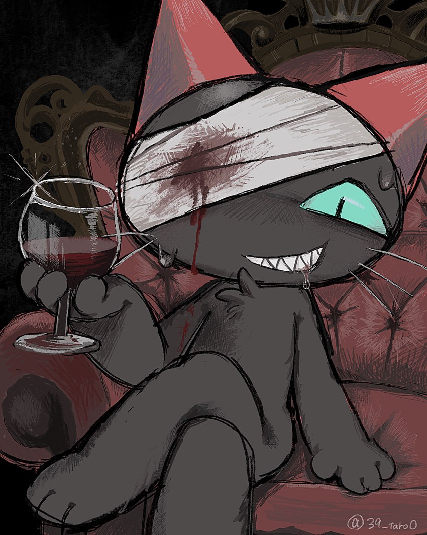 alcohol ambiguous_gender anthro bandage bandaged_eye beverage blood bodily_fluids container cup drinking_glass furniture glass glass_container glass_cup sharp_teeth sofa solo teeth wine wine_glass 39_taro0 neko_no_teach-kun oyasaioni9 kobayashi_(neko_no_teach-kun) domestic_cat felid feline felis mammal absurd_res hi_res