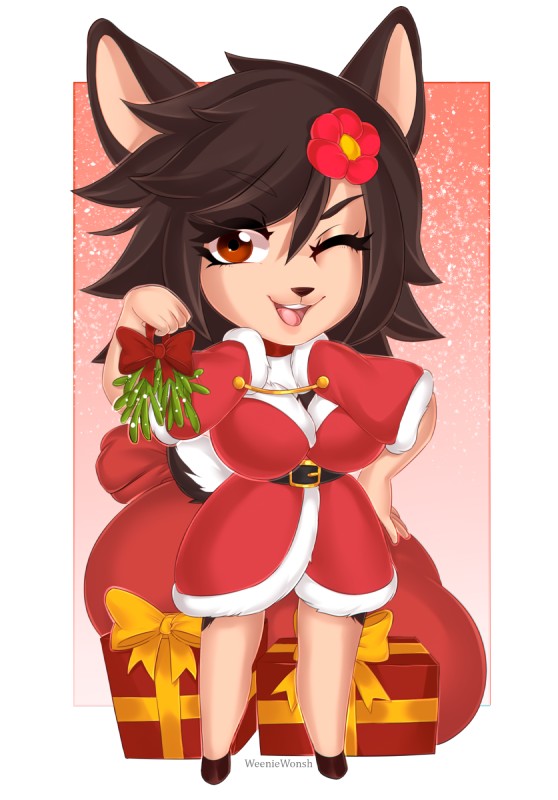 anthro anthrofied belt big_breasts black_hair breasts chibi cleavage clothed clothing female flower fur gift hair hand_on_hip holidays hooves mistletoe one_eye_closed open_mouth plant robe sack short_stack smile solo wink weeniewonsh christmas nintendo pokemon horae_deerling deerling generation_5_pokemon pokemon_(species) winter_deerling 2019 digital_media_(artwork) hi_res shaded