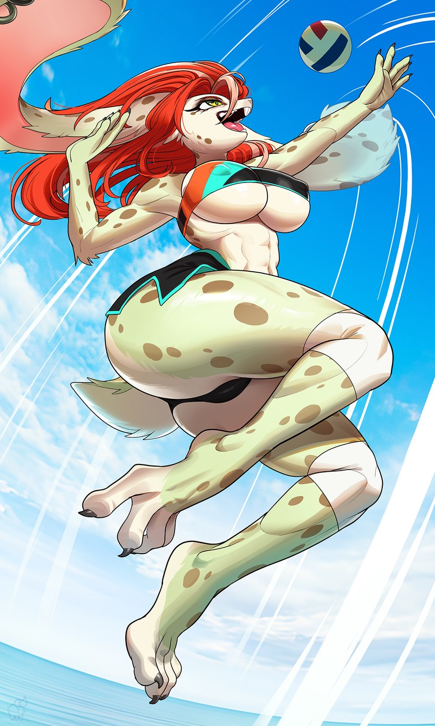 anthro ball biped bottomwear breasts butt clothed clothing eyelashes female fur hair markings open_mouth pupils red_hair smile spots spotted_body spotted_fur thick_thighs topwear volleyball_(ball) kittellox_(artist) lagomorph leporid mammal rabbit 2024 hi_res