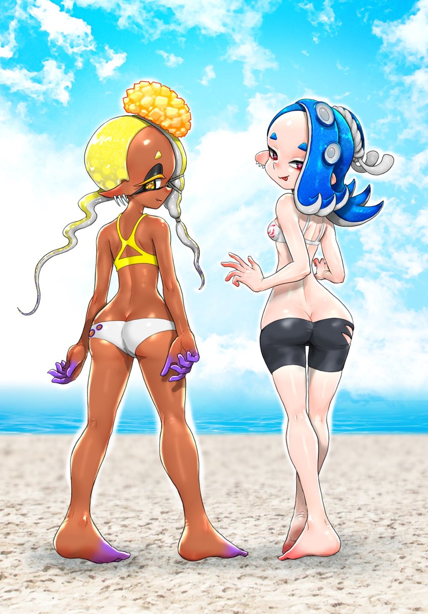 beach bikini butt clothing duo ear_piercing female female/female humanoid_pointy_ears looking_at_viewer not_furry piercing pointy_ears pseudo_hair swimwear tentacle_hair tentacles tongue tongue_out two-piece_swimsuit koharuno2 nintendo splatoon frye_(splatoon) shiver_(splatoon) cephalopod humanoid inkling marine mollusk octarian octoling hi_res