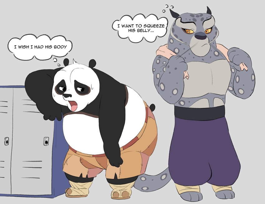 anthro belly bodily_fluids bottomwear chubby_cheeks clothed clothing duo locker male male/male overweight overweight_anthro overweight_male pants shorts sweat text topless topless_anthro topless_male towel hypnokoo dreamworks kung_fu_panda master_po_ping tai_lung_(kung_fu_panda) bear felid giant_panda mammal pantherine snow_leopard english_text