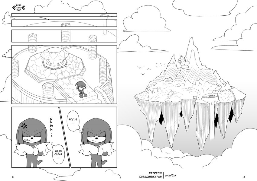 angel_island clothed clothing male manga_style master_emerald partially_clothed text codyf0xx raptureintheclouds sega sonic_the_hedgehog_(series) knuckles_the_echidna echidna mammal monotreme absurd_res comic english_text greyscale hi_res monochrome