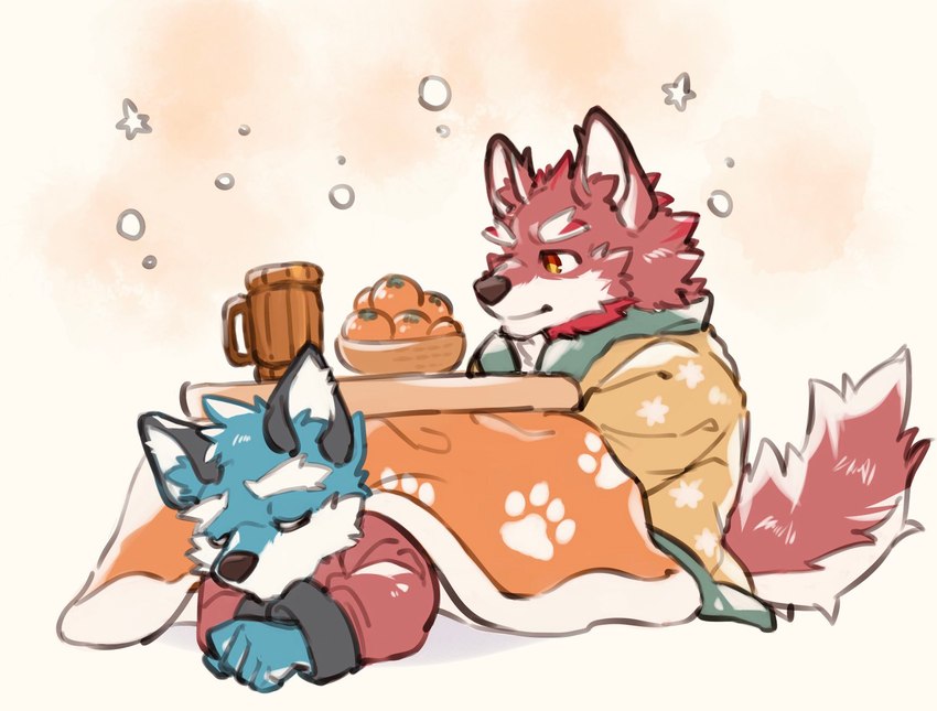 anthro blue_body blue_fur clothed clothing duo eyes_closed food fruit fully_clothed fur furniture kotatsu male orange_(fruit) orange_clothing orange_robe plant red_body red_clothing red_eyes red_fur red_robe robe simple_background table aidemcc knights_college argo_northrop diederich_olsen canid canine canis mammal wolf 2022 digital_drawing_(artwork) digital_media_(artwork) hi_res