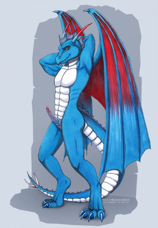 animal_genitalia anthro biped blue_body erection genitals horn looking_at_viewer male membrane_(anatomy) membranous_wings penis sheath solo standing tail wings vani-fox european_mythology mythology drako drakoilex dragon mythological_creature mythological_scalie scalie western_dragon hi_res