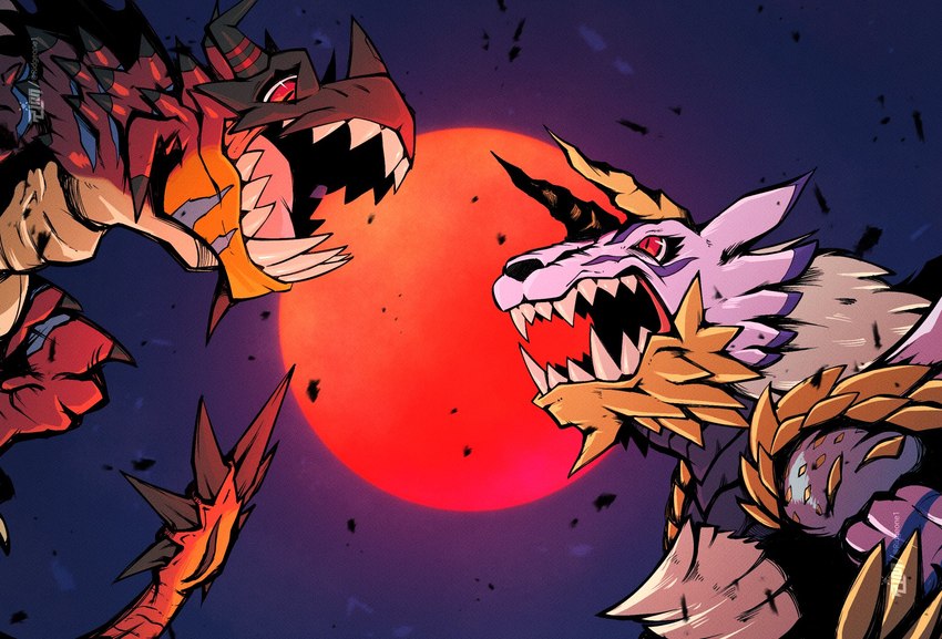 ambiguous_gender blood_moon duo feral fur horn orange_body sharp_teeth striped_body striped_fur stripes teeth ridgeone1 bandai_namco capcom digimon monster_hunter digimon_(species) fanged_wyvern flying_wyvern garurumon greymon hybrid rath_wyvern rathalos rathgreymon zinogarurumon zinogre hi_res