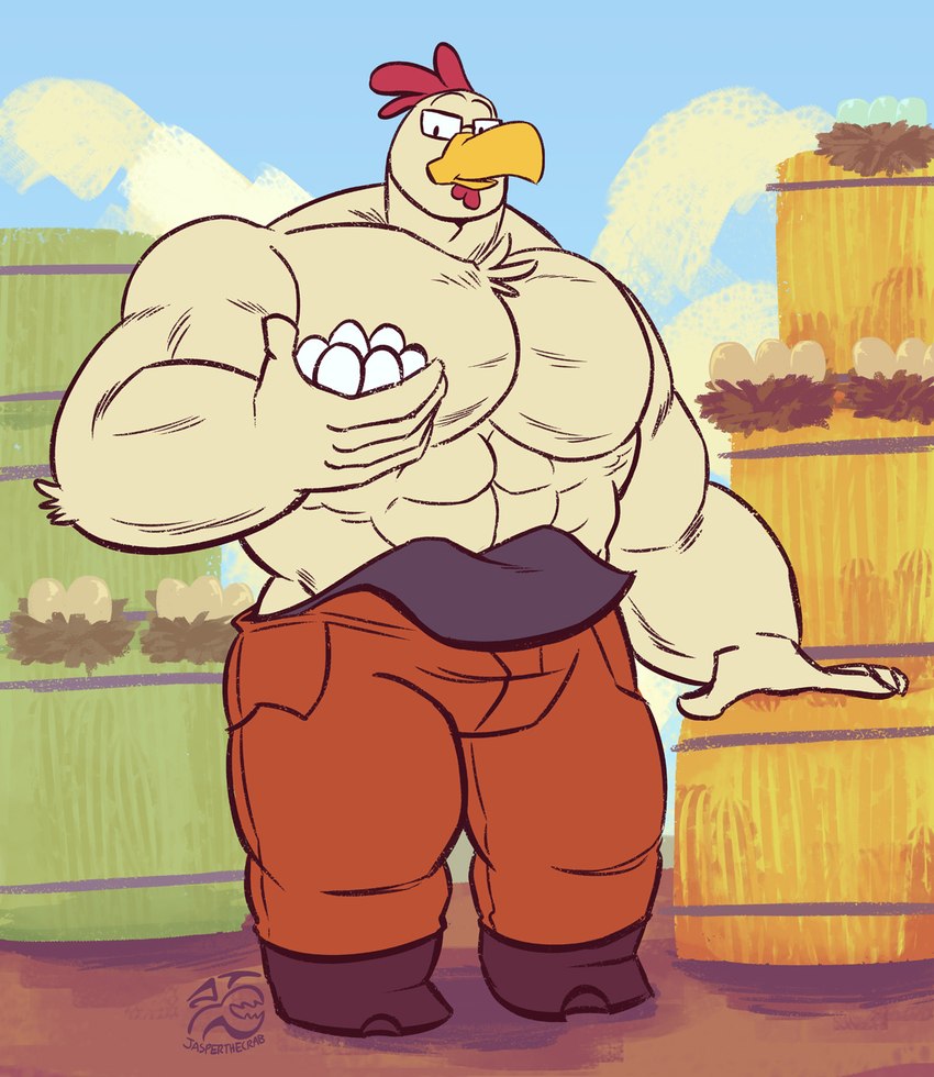 abs beak chest_tuft clothing egg feathers hay hay_bale holding_egg holding_object hooves male muscular muscular_male nest overalls overalls_down pecs shirtless solo tuft white_body white_feathers yellow_beak jasperthecrab avian bird chicken galliform gallus_(genus) phasianid hi_res