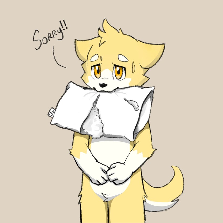 ambiguous_gender anthro apologizing_to_viewer apology chewing embarrassed head_tuft multicolored_body pillow solo tail torn_pillow tuft two_tone_body two_tone_tail white_body yellow_body yellow_eyes bruno_borker canid canine canis domestic_dog mammal 1:1 hi_res