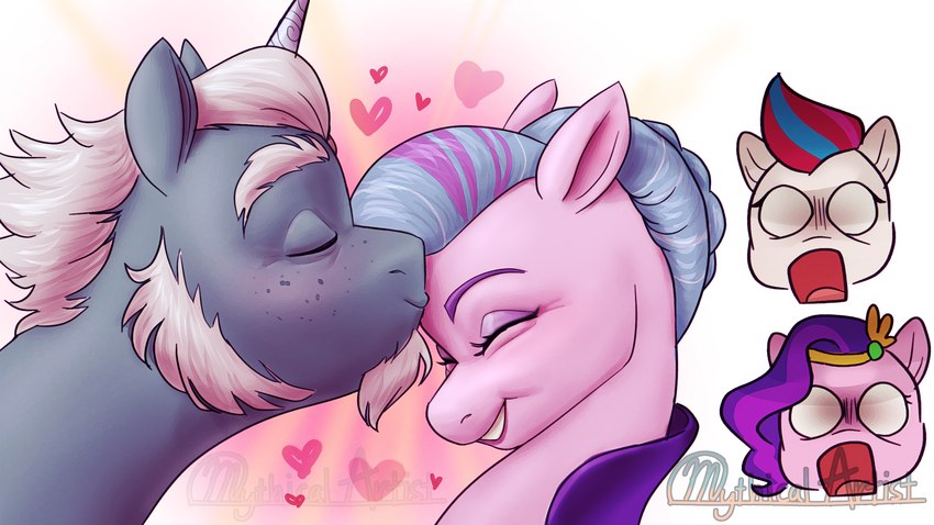 blush facial_hair female feral forehead_kiss fur grey_body grey_fur horn kissing male male/female open_mouth pink_body pink_fur shocked white_body white_fur wide_eyed mythicalartist34 hasbro mlp_g5 my_little_pony mythology alphabittle_blossomforth_(mlp) pipp_petals_(mlp) queen_haven_(mlp) zipp_storm_(mlp) equid equine mammal mythological_creature mythological_equine unicorn 16:9 hi_res widescreen