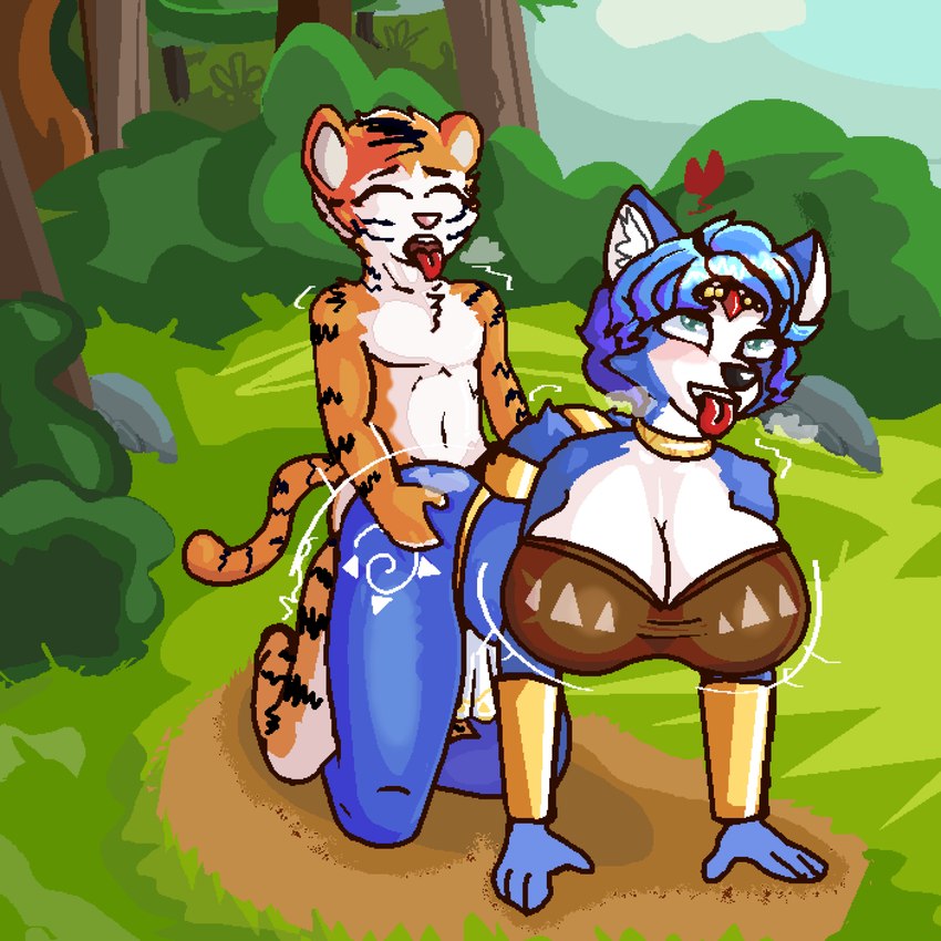 age_difference ahegao anthro big_breasts blue_body blue_fur blue_hair blush bra breasts clothed clothed_sex clothing doggystyle duo female forest from_behind_position fur gold_(metal) gold_jewelry hair jewelry jungle looking_pleasured male male/female orange_body plant sex smile stripes tail tree underwear white_body white_fur young young_male dettyfenik zak898 nintendo star_fox krystal_(star_fox) zack_(zak898) canid canine felid fox mammal pantherine tiger 1:1 absurd_res digital_media_(artwork) hi_res pixel_(artwork)